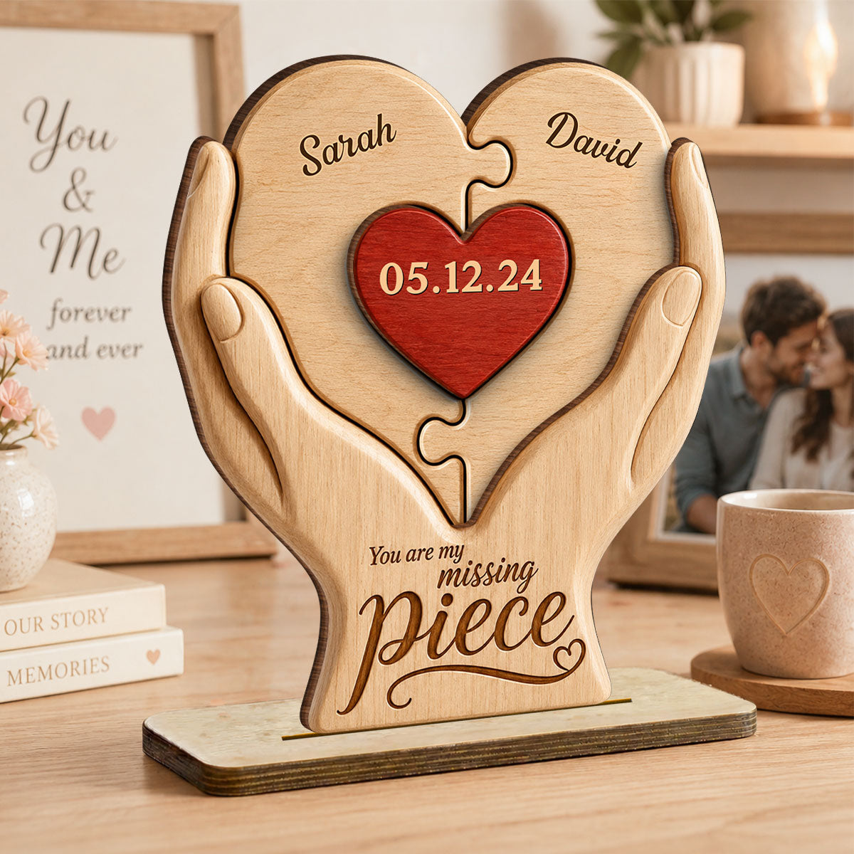 You Are My Missing Piece Couple Anniversary Date - Personalized 2-Layered Wooden Plaque - Heartfelt Gift for Her, for Him