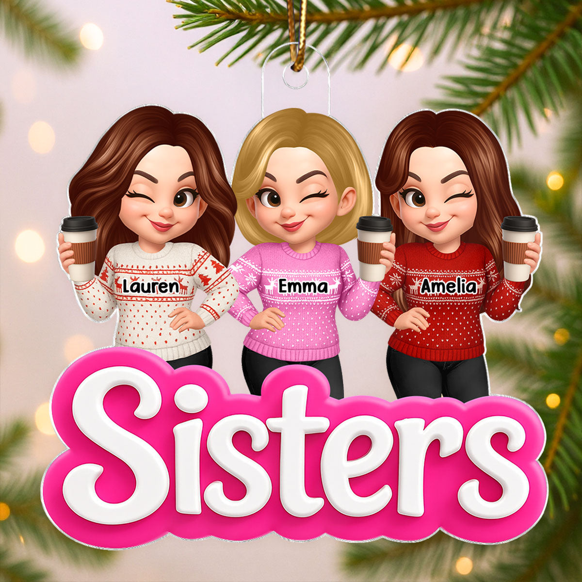 Pink Besties Sisters 3D Effect - Personalized Acrylic Ornament - Christmas Gift for Best Friends, for Sisters