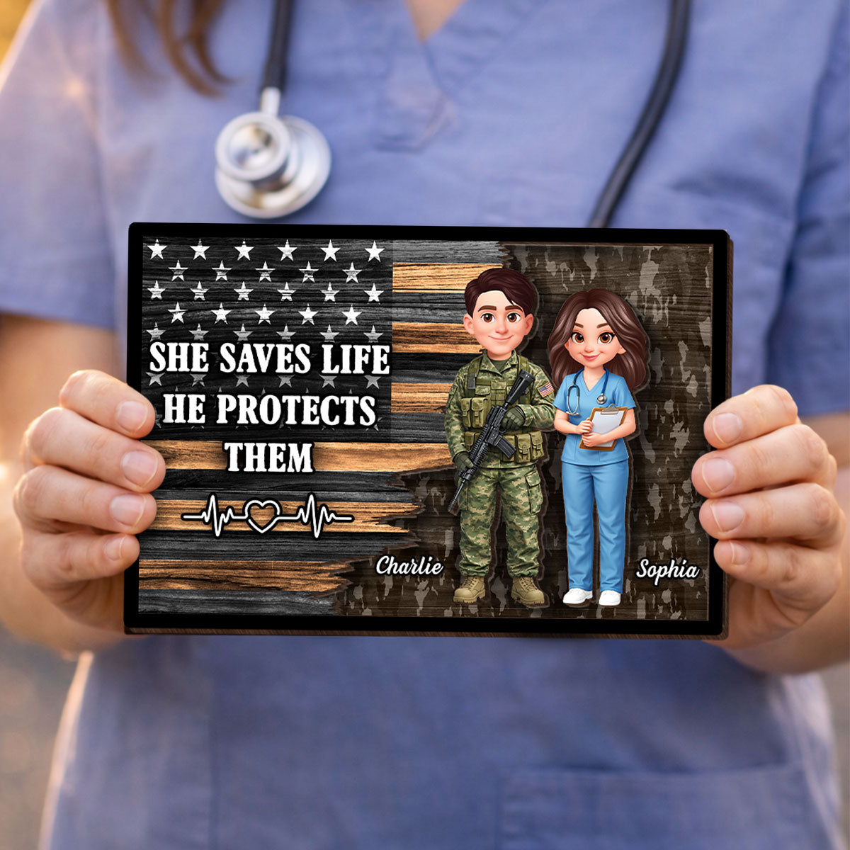 Custom Army Couple Nation Flag - Personalized 2-Layered Wooden Plaque - Heartfelt Gift for Him, for Her