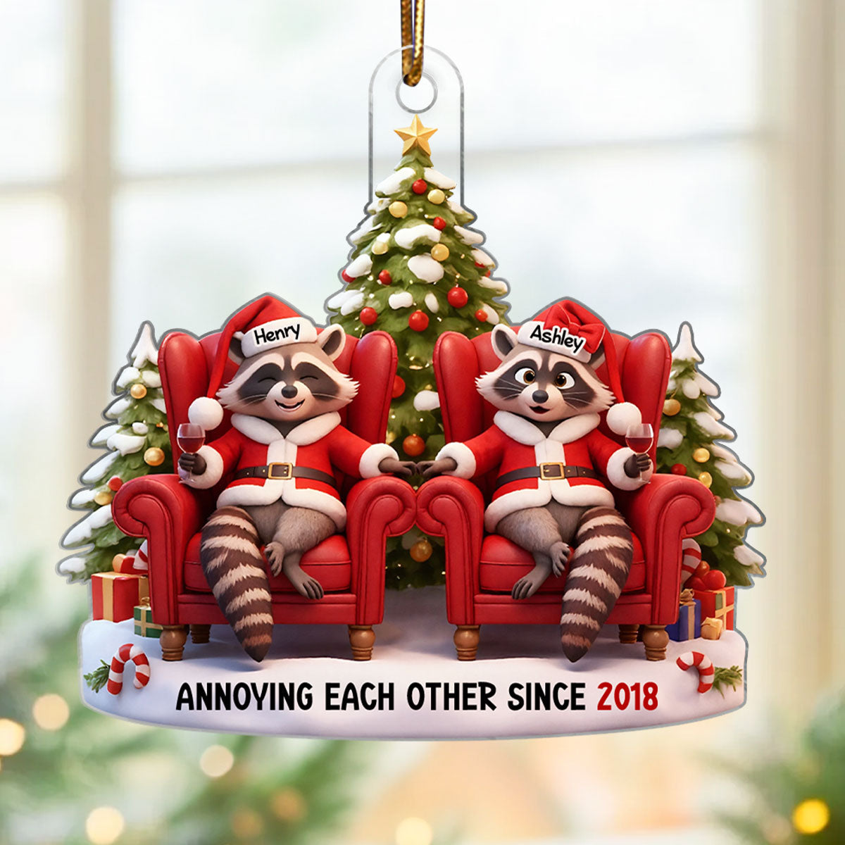 Funny Raccoon Couple Annoying Each Other - Personalized Acrylic Ornament - Christmas Gift for him, Gift for her