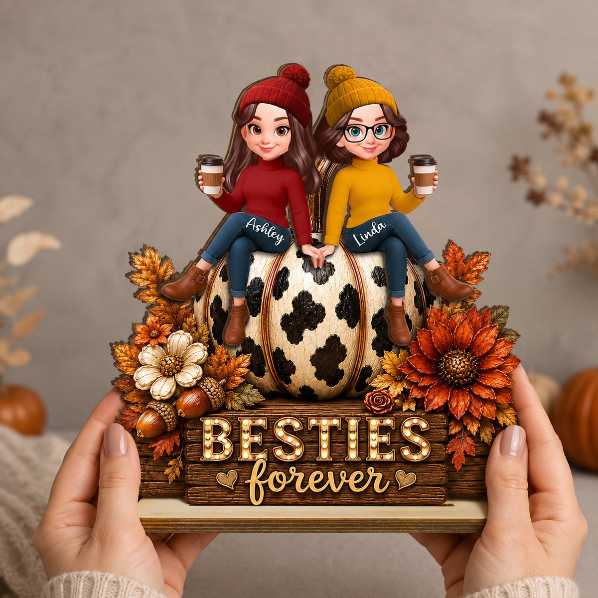 Besties Forever Pumpkin Western Fall Vibe - Personalized 2-Layered Wooden Plaque - Fall Decor for Best Friends
