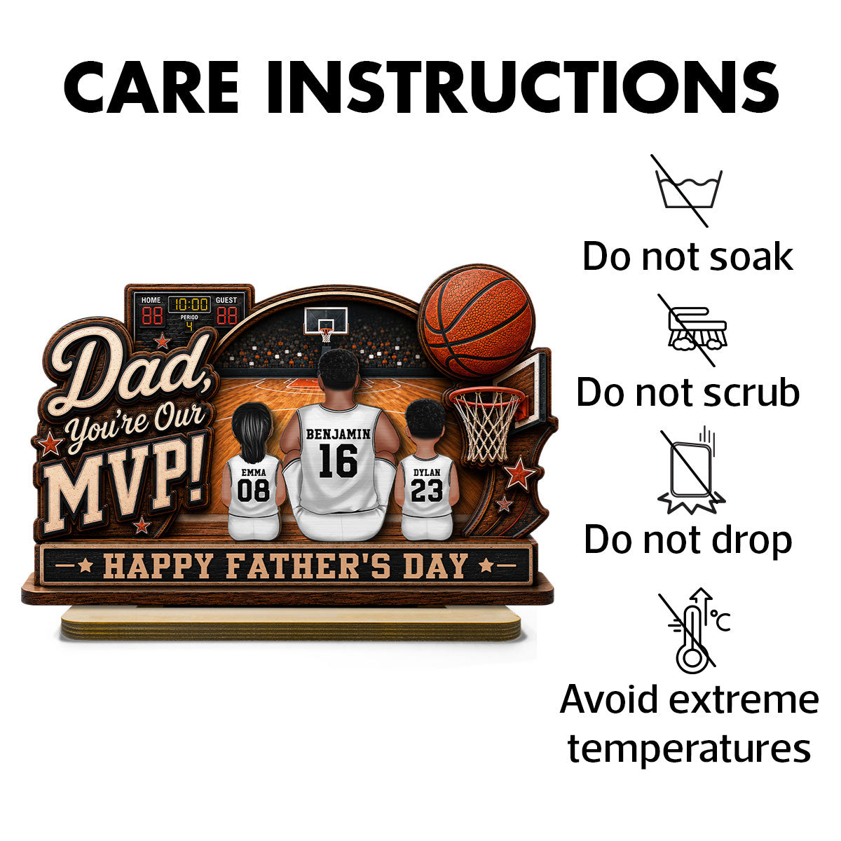 Dad You Are Our MVP Sitting Basketball Man & Kids 2D Flat - Personalized 2-Layered Wooden Plaque -  Gift For Basketball Dad