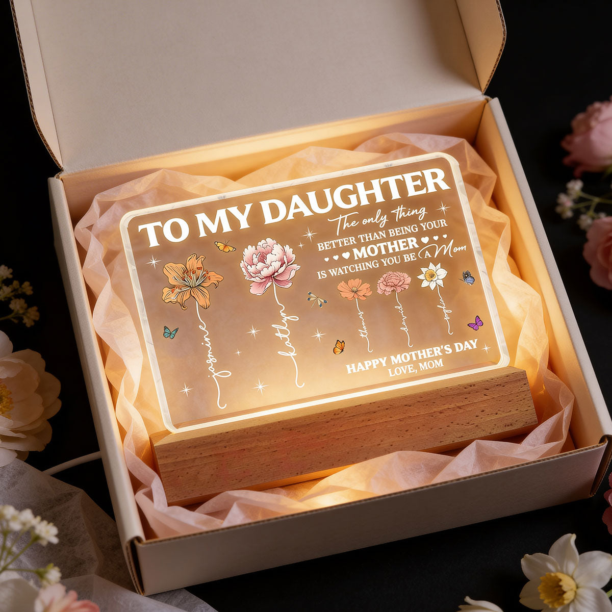 To My Daughter Mom And Daughter Custom Birth Month Flowers Kids Names - Personalized Acrylic Block LED Night Light - Mother's Day Gift For Daughter