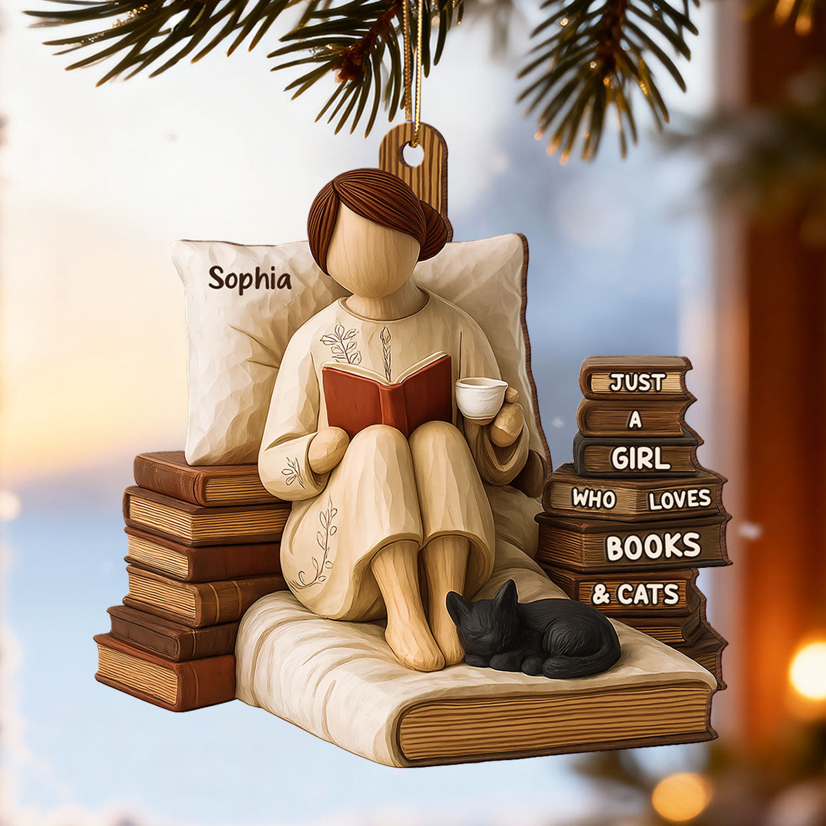 Just A Girl Who Loves Books & Cats 3D Effect - Personalized Wooden Ornament - Christmas Gift For Book Lover, Bookworm