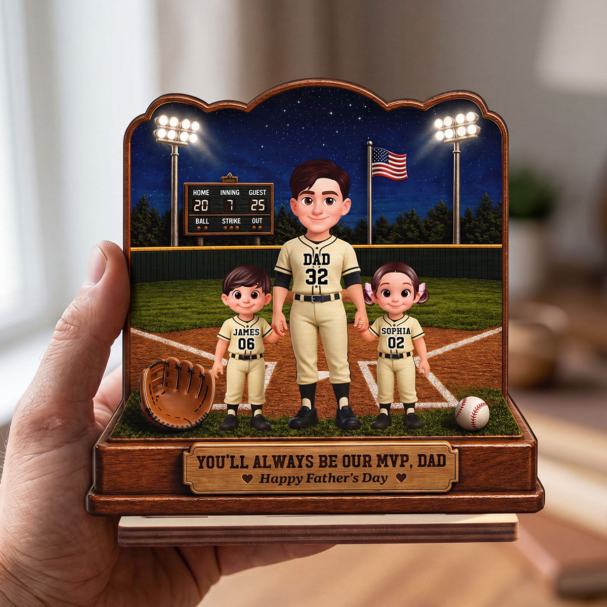 Baseball Dad And Kids Friday Night Lights We Caught The Best Dad - Personalized 2-Layered Wooden Plaque -  Gift For Dad