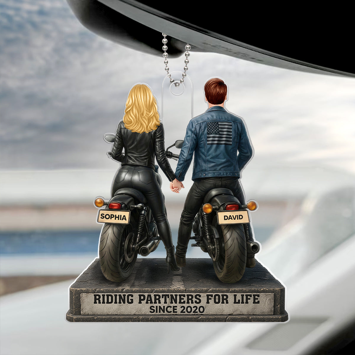 Biker Couple Riding Partners for Life - Personalized Acrylic Car Hanger - Sentimental Gift for her, for him
