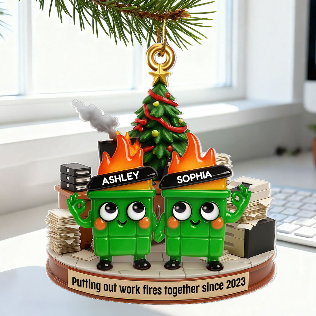 Funny Dumpster Fire Office Chaos Background - Personalized Acrylic Ornament - Funny Coworker Christmas Gift, White Elephant Gift for Coworkers