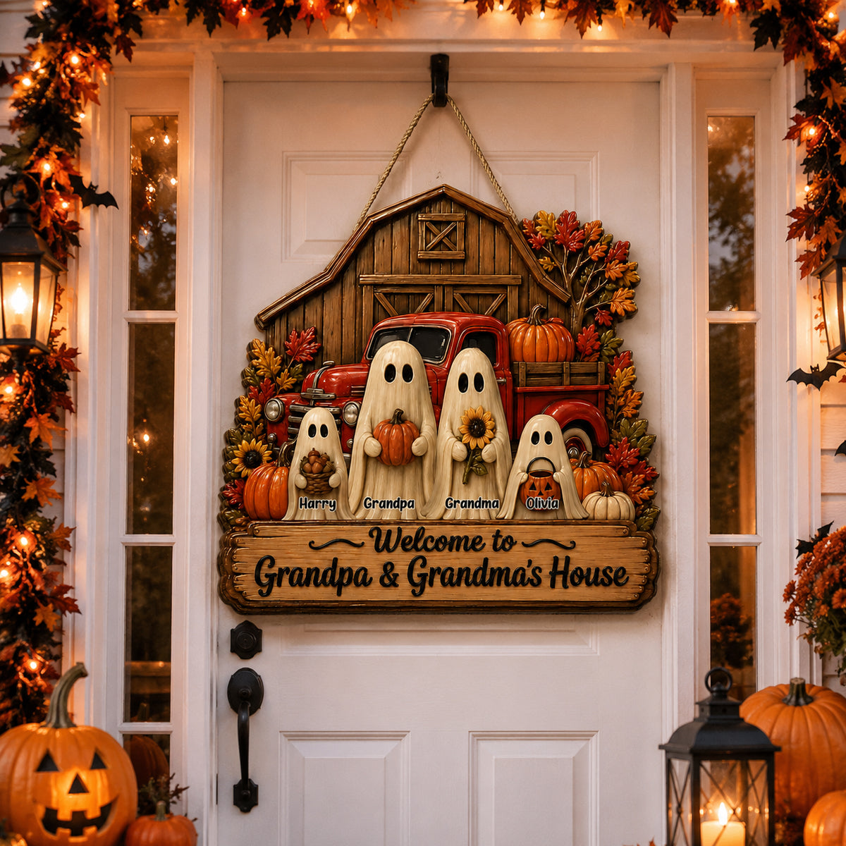 Welcome To Grandpa Grandma Ghost Farmhouse - Personalized Wood Sign - Halloween Decor Gift, Gift For Grandma Grandpa