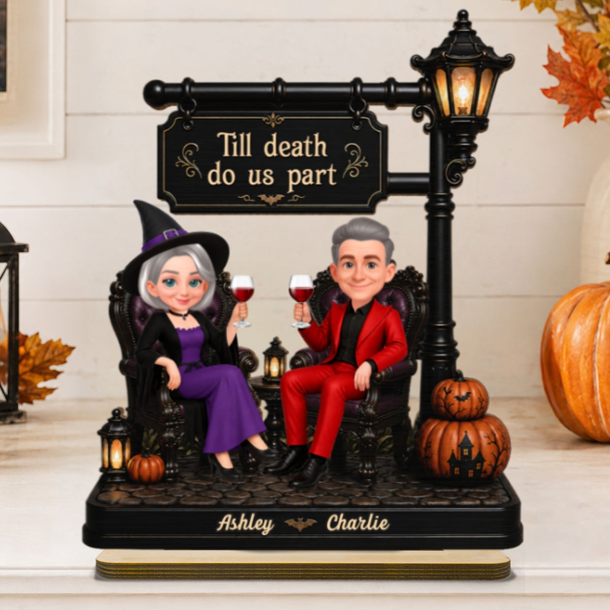 Classic Halloween Couple Under Lamp Post - Personalized 2-Layered Wooden Plaque - Halloween Decoration For Couple