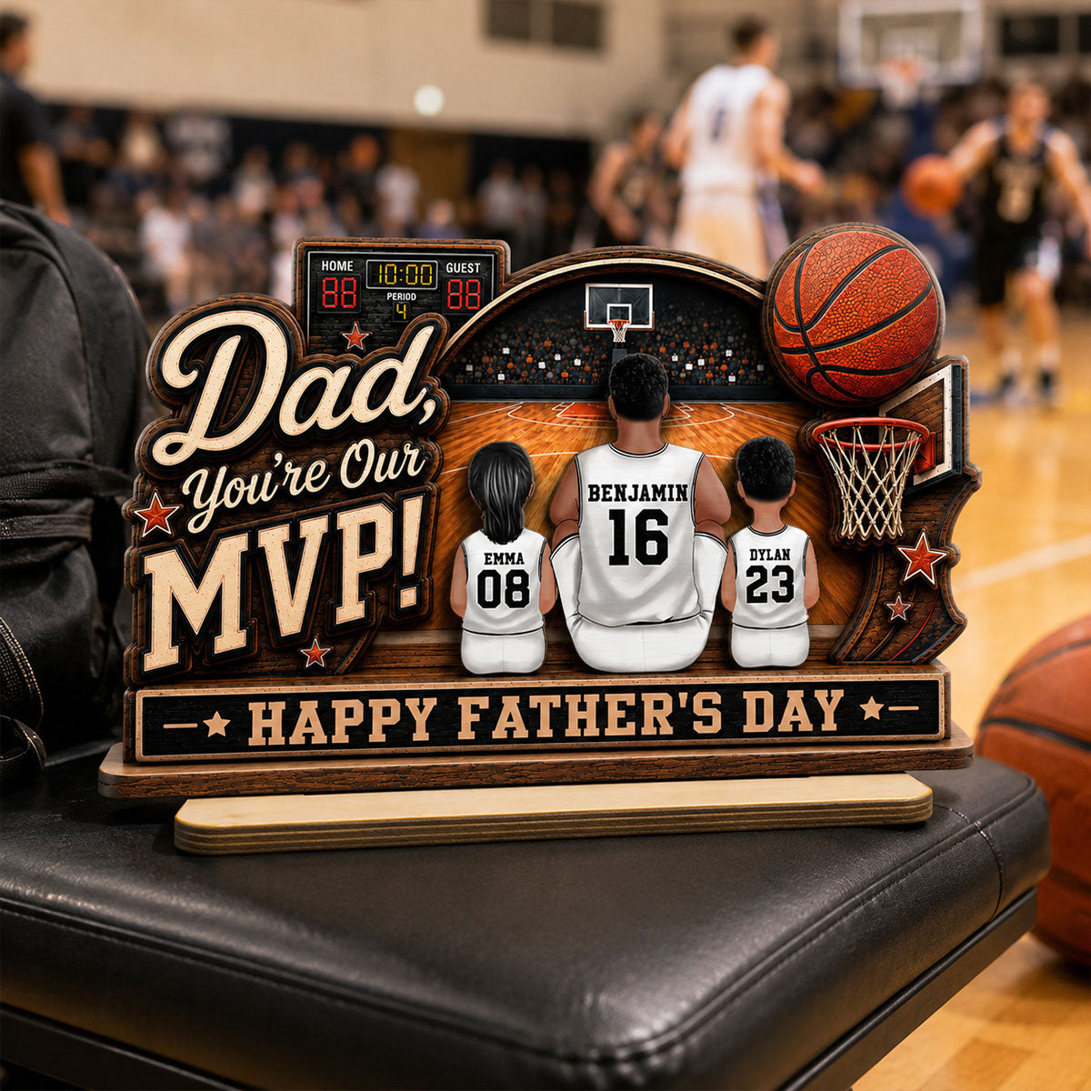 Dad You Are Our MVP Sitting Basketball Man & Kids 2D Flat - Personalized 2-Layered Wooden Plaque -  Gift For Basketball Dad