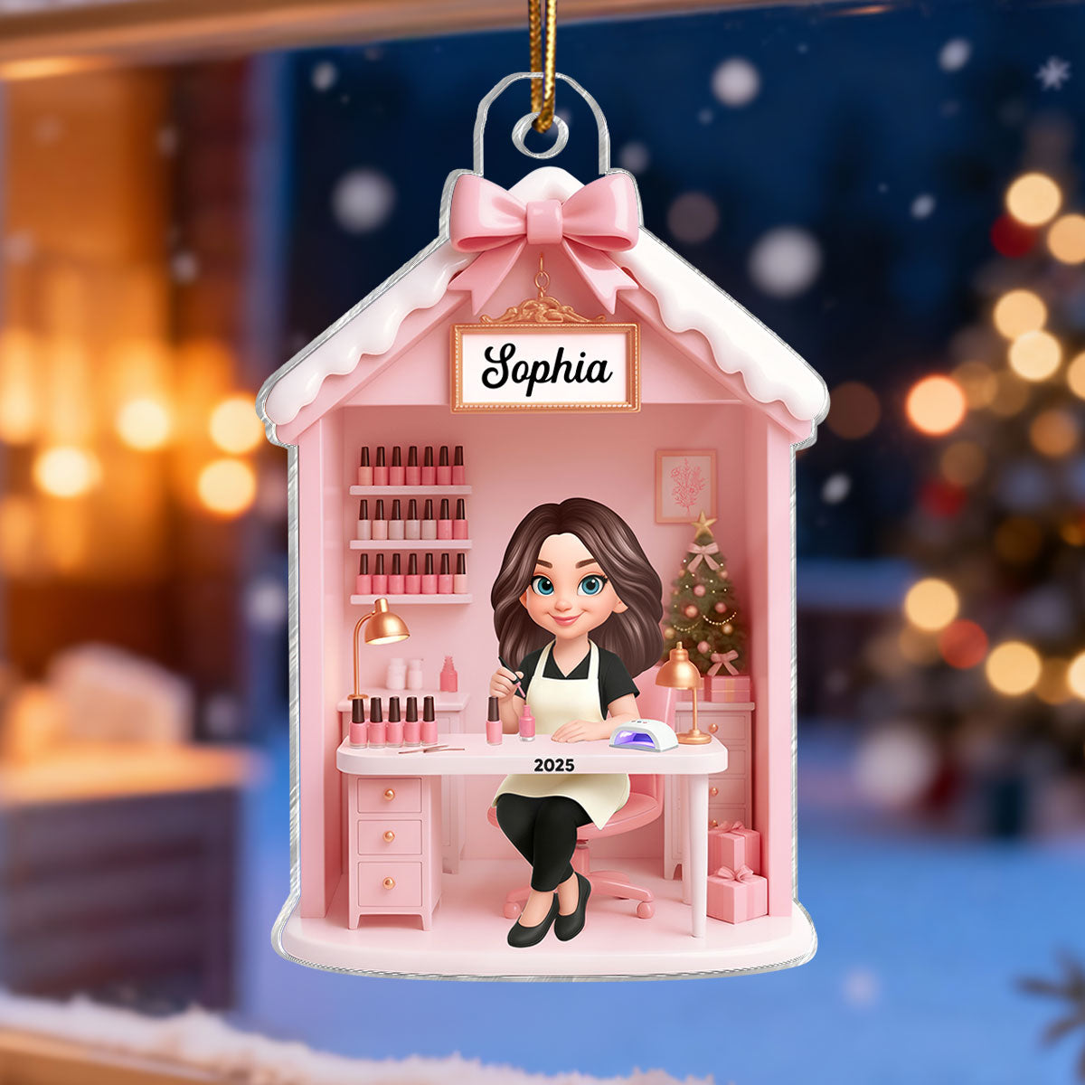 3D Effect Christmas Nail Technician In Salon - Personalized Acrylic Ornament - Gift For Nail Technician, Nails Decor, Beauty Salon, Woman, Girl