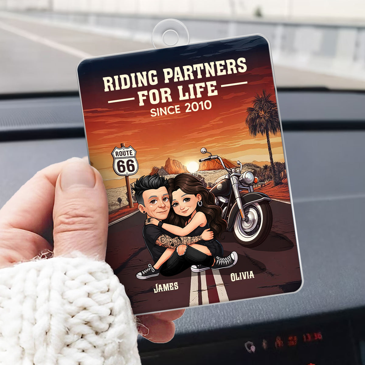 Bikers Couple Riding Partners for Life - Personalized Acrylic Car Hanger - Gift for Him, Gift for Her