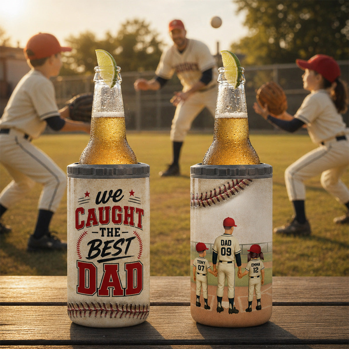 We Caught The Best Dad Baseball Dad & Kids - Personalized Can Cooler - Father's Day Gift For Dad, Husband
