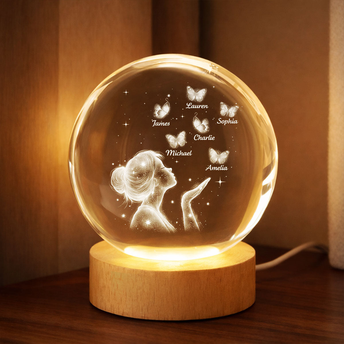 Grandma Mom Butterflies Kiss - Personalized Crystal Ball LED Night Light - Sentimental Gift for Grandma, Mom