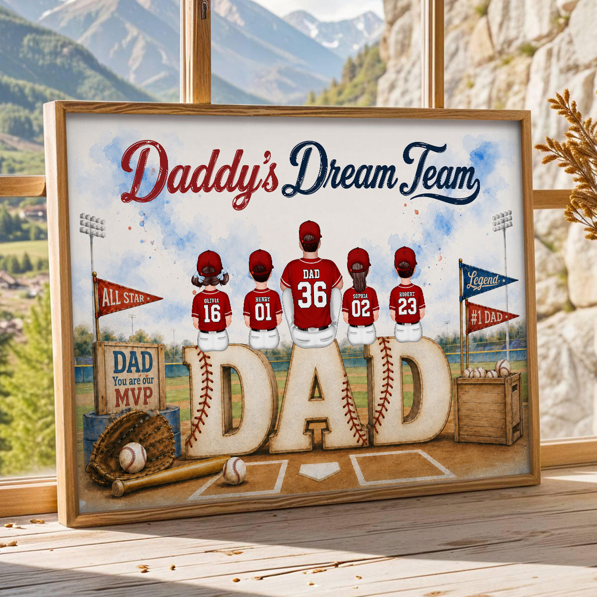 Watercolor Style Baseball Family Daddy's Dream Team - Personalized Poster - Father's Day Gift For Dad, Husband