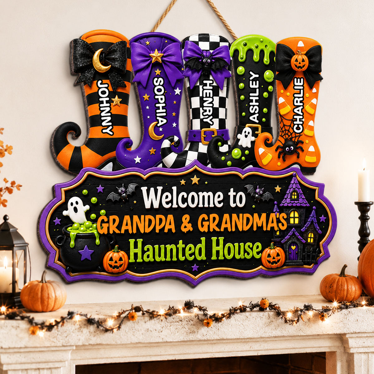 Whimsical Halloween Welcome To Grandma Grandpa Haunted House Witch Boots - Personalized Wood Sign - Halloween Decoration For Grandparents