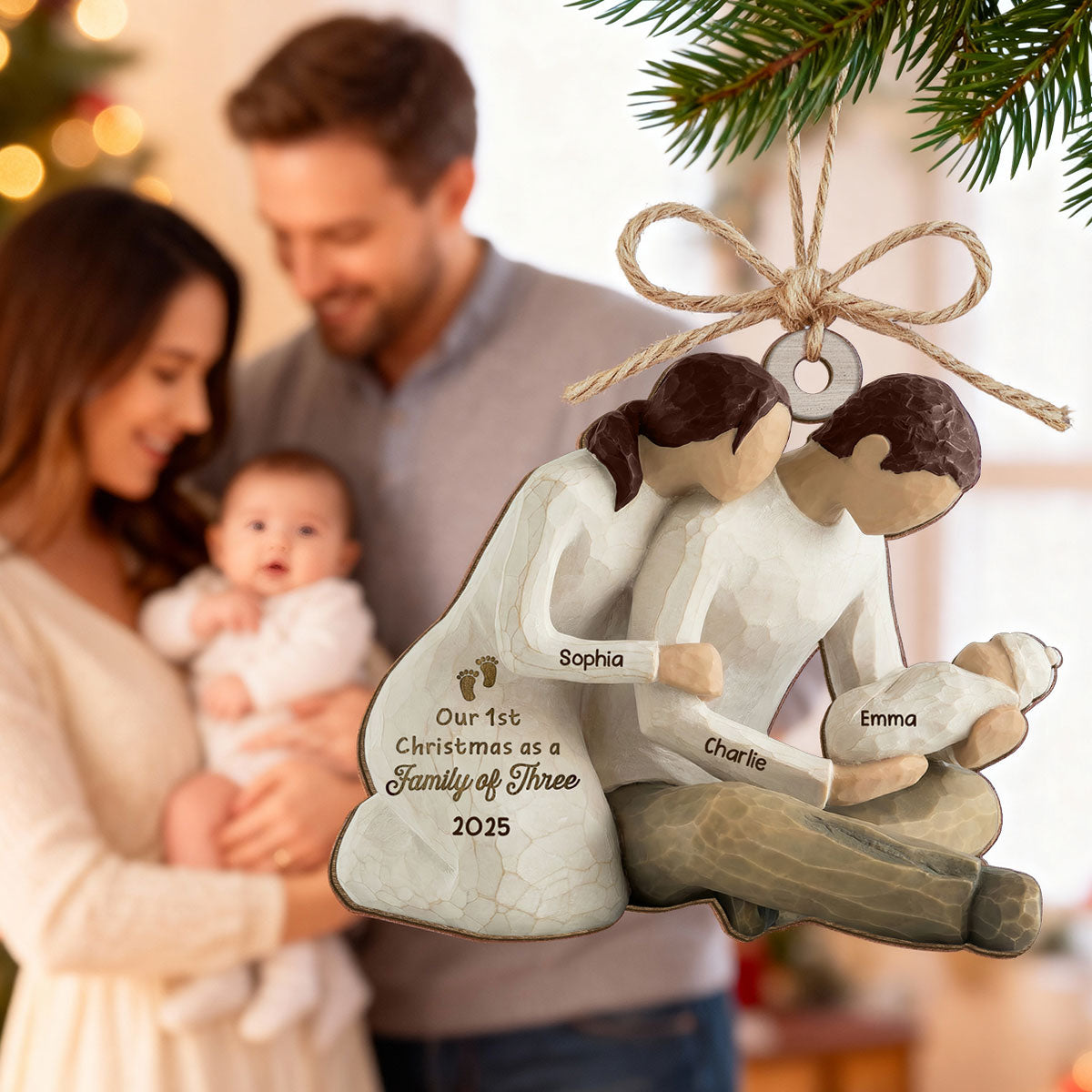 First Christmas As Family Of Three Mom Dad Holding Baby 2D Flat Printed - Personalized Wooden Ornament