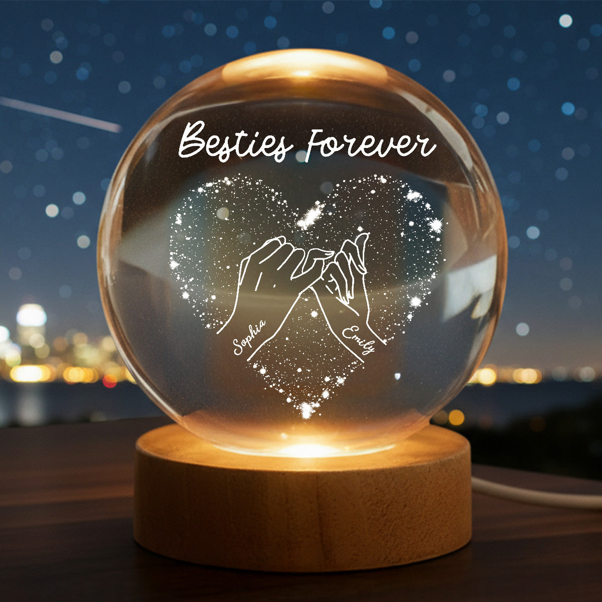 Besties Forever Pinky Promise - Personalized Crystal Ball LED Night Light - Gift For Best Friends