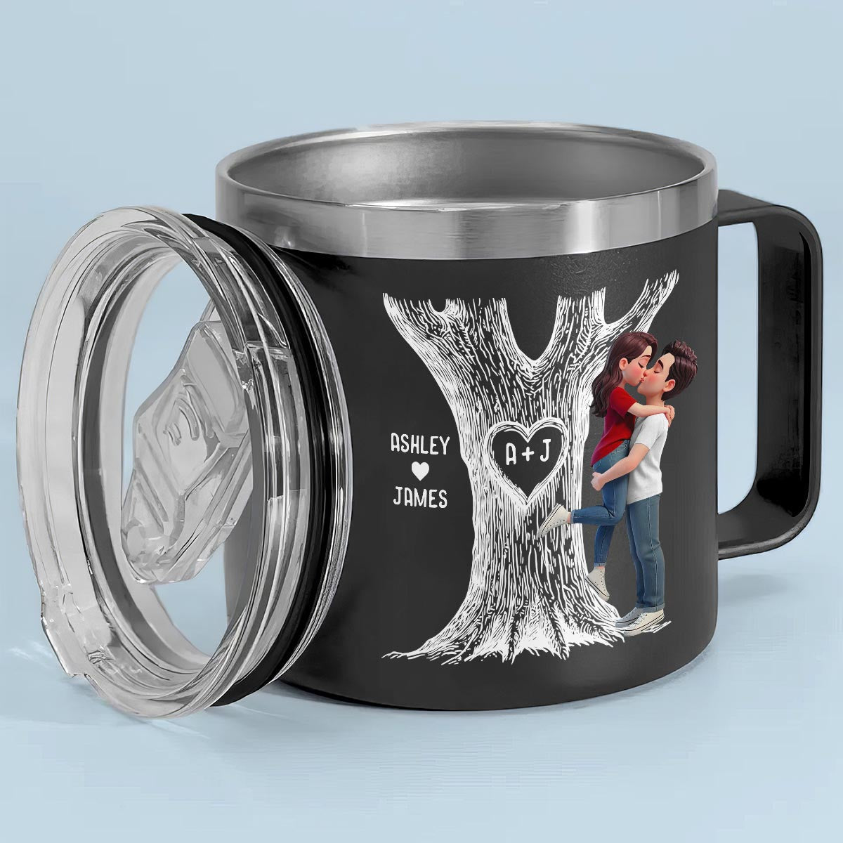 Eternal Love Couple Hugging Kissing Heart Carved Tree Of Love Initials - Personalized Tumbler With Handle - Heartfelt Valentine, Anniversary Gift For Him, For Her