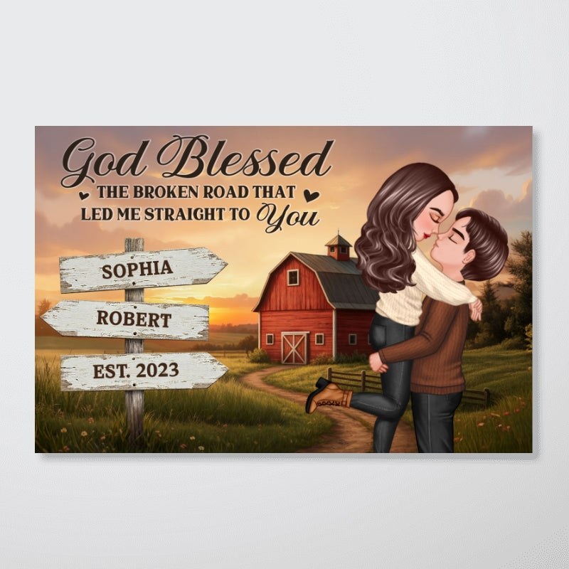 Rustic Nostalgia Red Barn House Sign Posts Couple Hugging Kissing Farmhouse Decor - Personalized Poster - Heartfelt Valentine, Anniversary Gift For Him, For Her