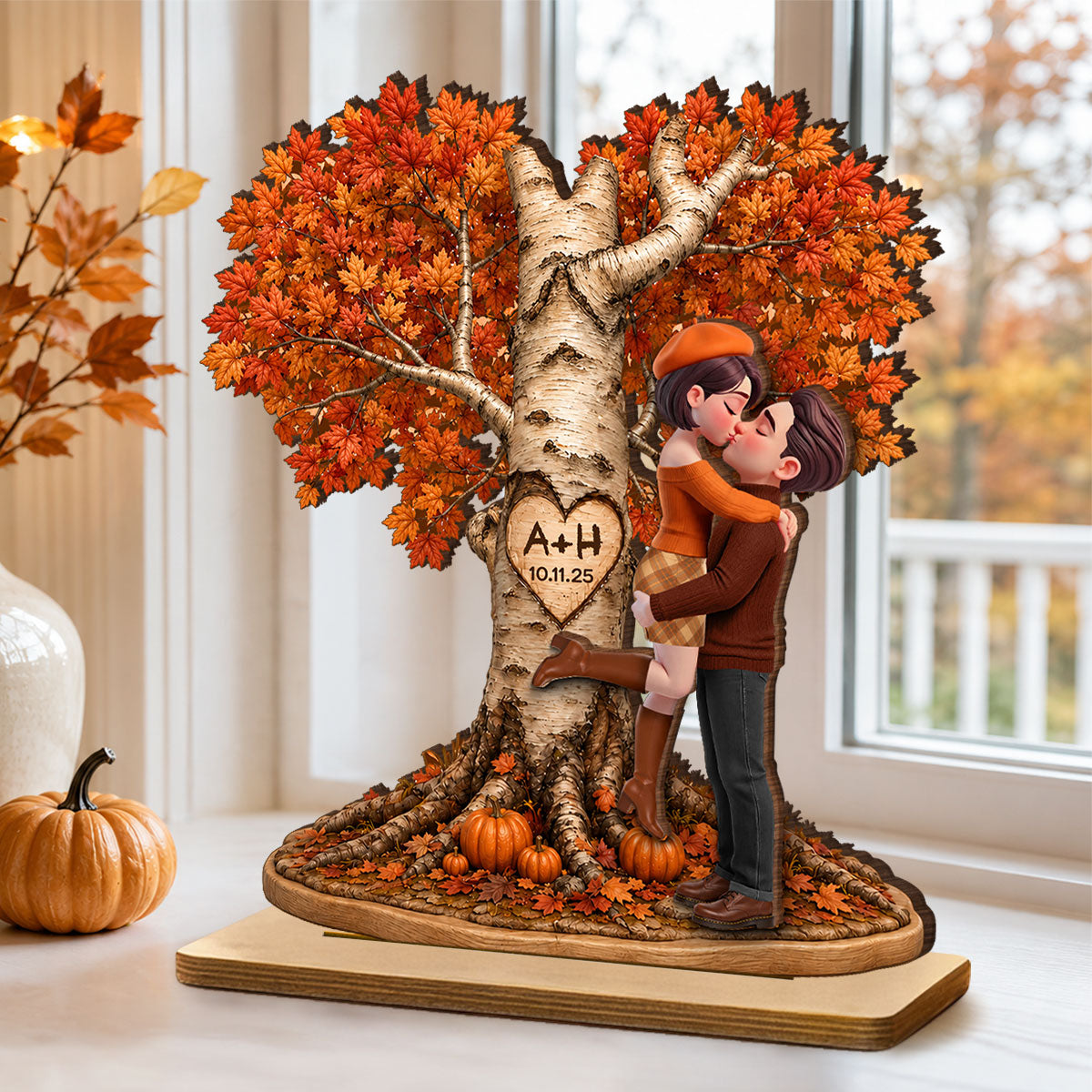 Fall Season Love Tree - Personalized 2-Layered Wooden Plaque - Heartfelt Anniversary Wedding Gift for Her, for Him