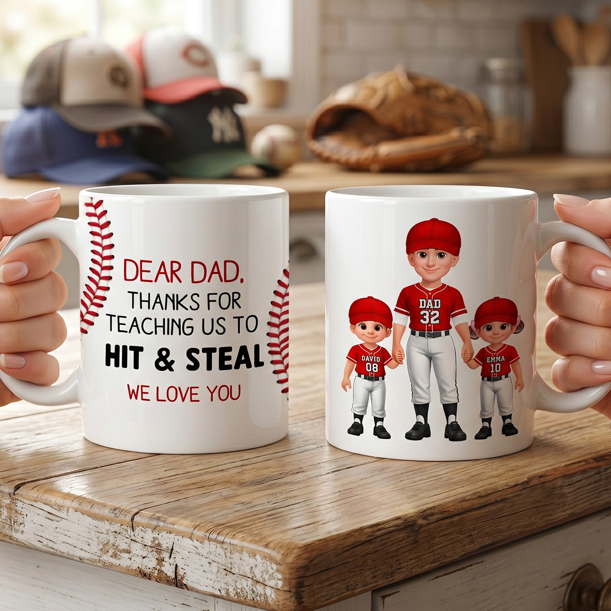 Thank You For Teaching Us To Hit & Steal Baseball Dad & Kids Standing - Personalized Mug - Father's Day Gift For Dad, Husband