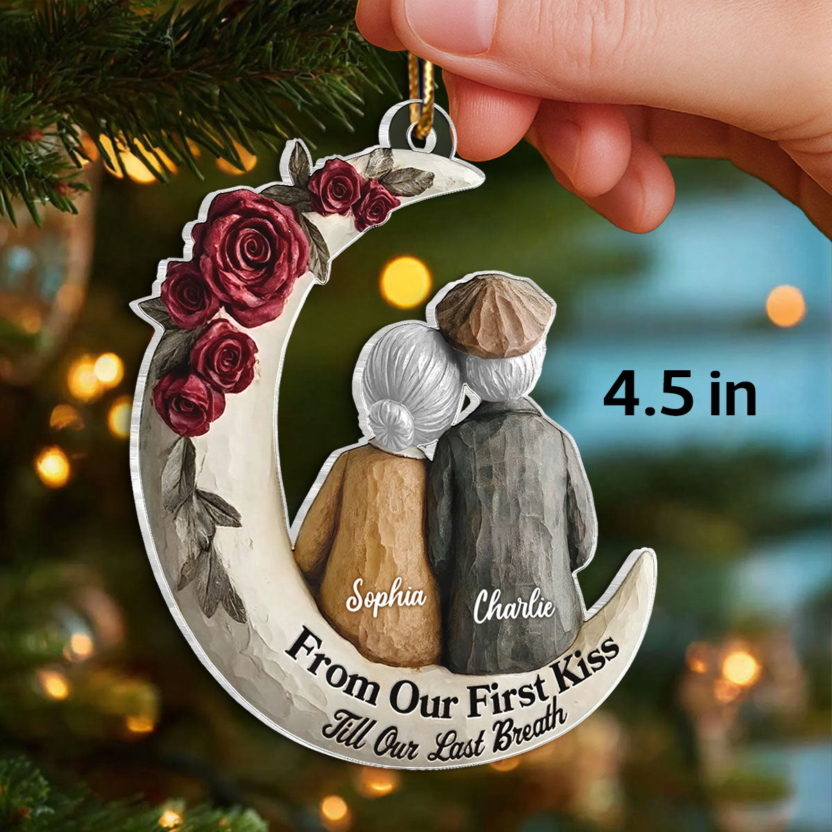 Couple On The Moon Faux Wood - Personalized Acrylic Ornament - Heartwarming Christmas Gift For Him, For Her, For Couple