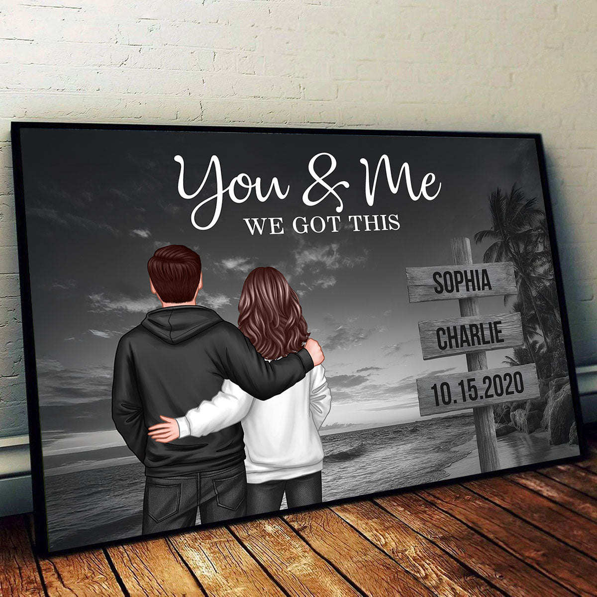 Retro Couple Street Sign Beach Landscape - Personalized Poster - Heartfelt Couple Gift for him, for her