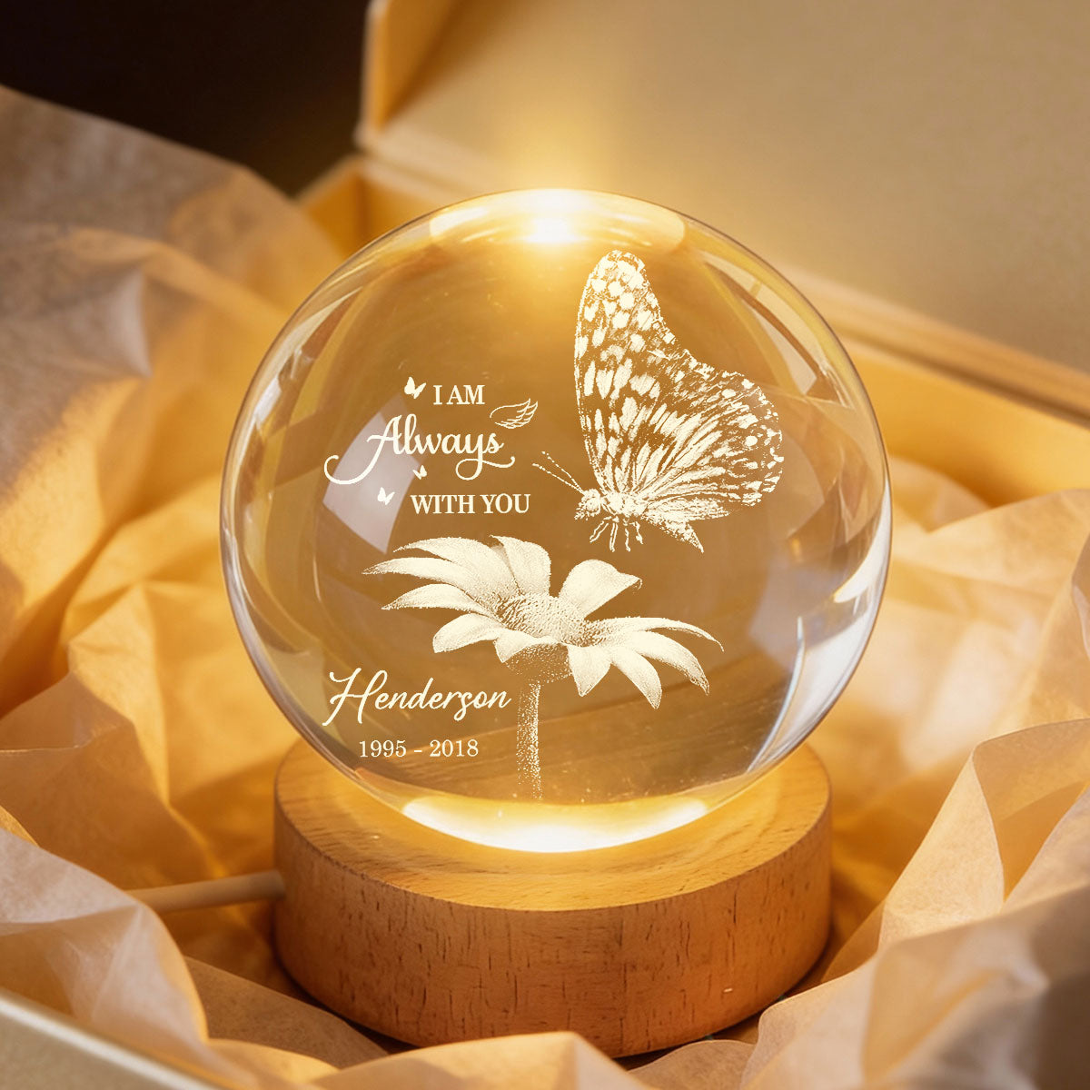 Always With You Butterfly On Daisy - Personalized Crystal Ball LED Night Light - Memorial Remembrance Keepsake
