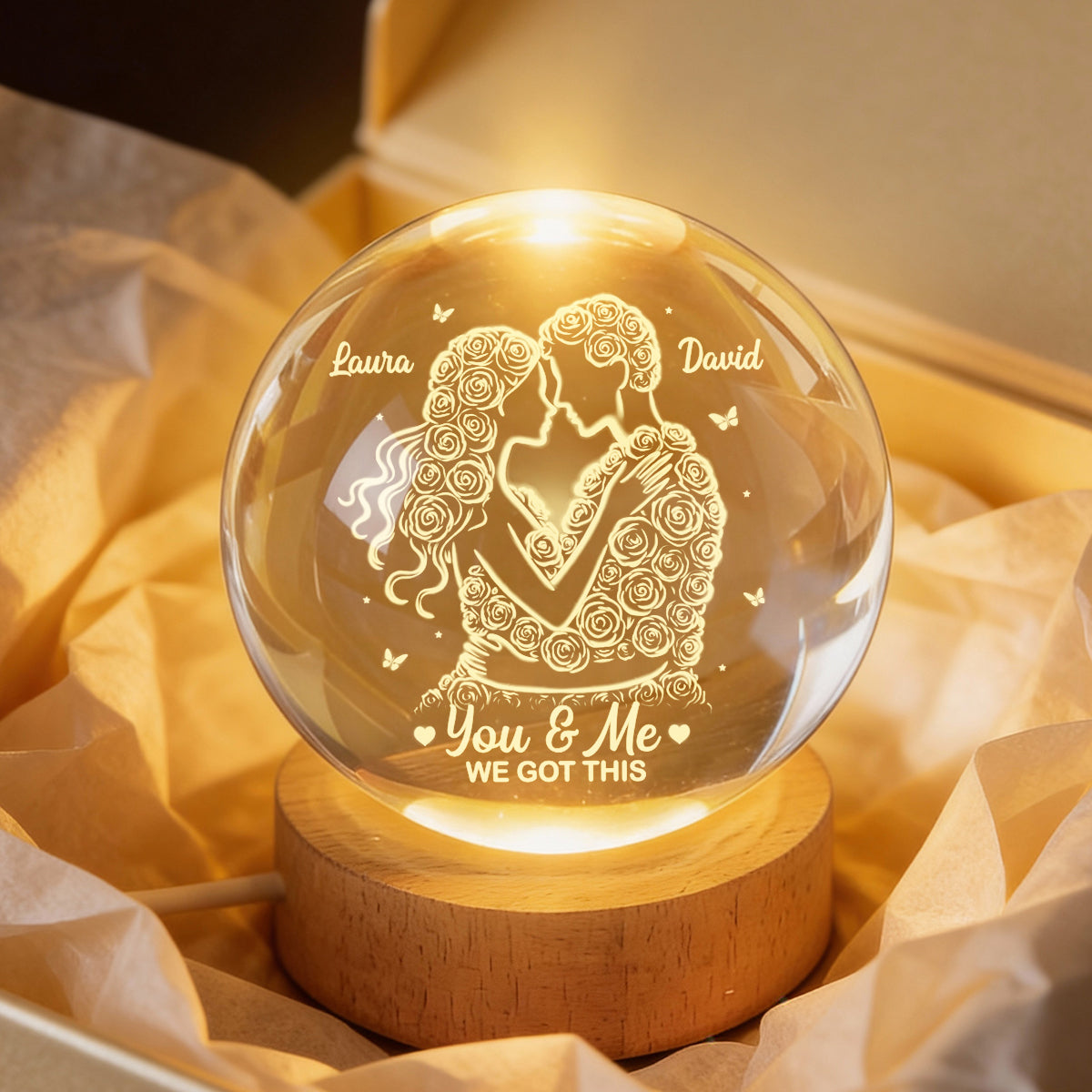 Couple Romantic Roses Love - Personalized Crystal Ball LED Night Light - Sentimental Valentine's Day Gift for Her, for Him