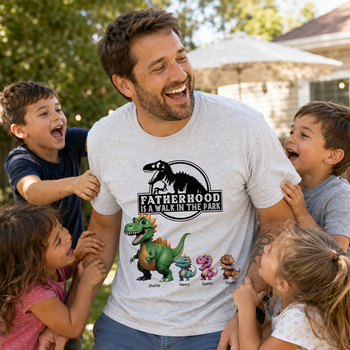 Fatherhood Is A Walk In The Park Custom Cartoon Dinosaurs - Personalized Shirt - Father's Day Gift For Husband, Dad