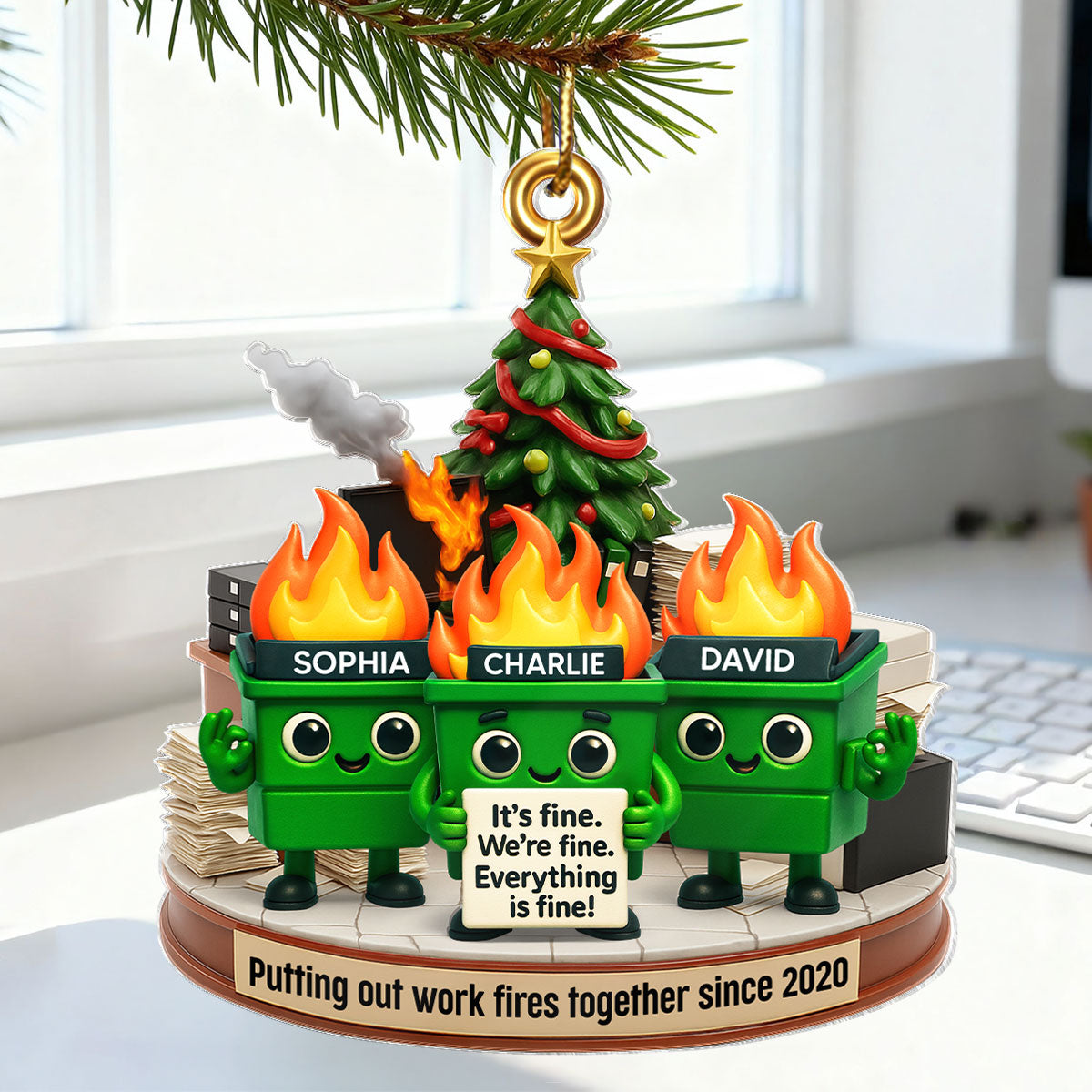 Funny Dumpster Fire Office Chaos Background - Personalized Acrylic Ornament - Funny Christmas Gift, White Elephant Gift for Coworkers