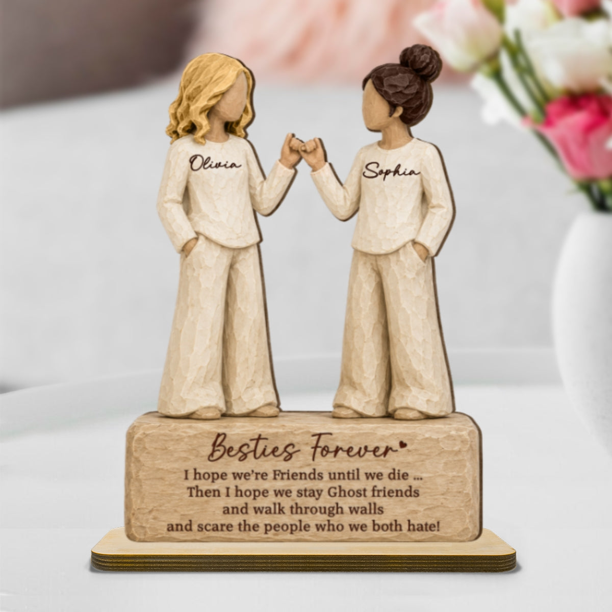 Besties Forever Pinky Promise 2D Flat - Personalized 2-Layered Wooden Plaque - Friendship Keepsake