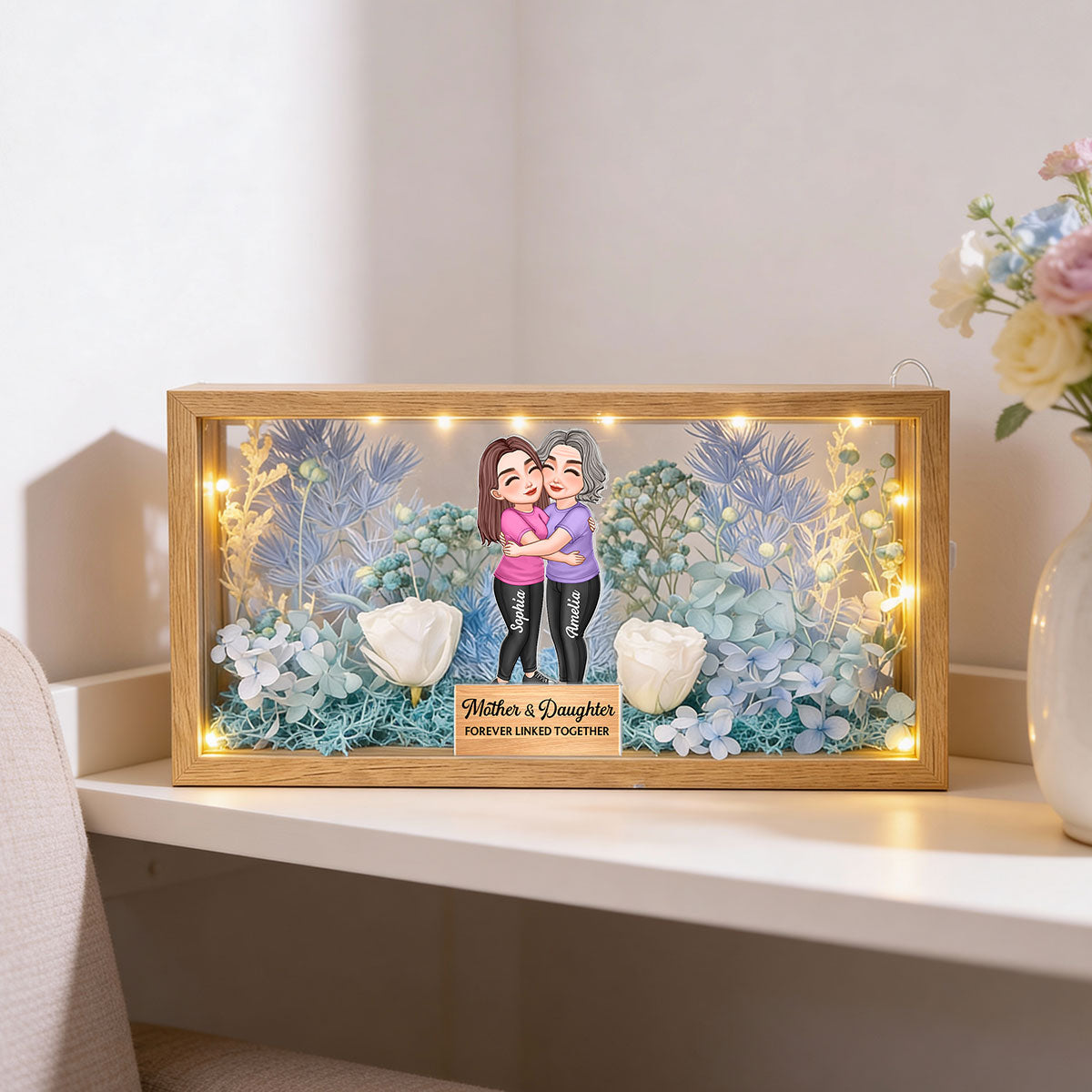Mom & Daughter Forever Linked Together - Personalized DIY Flower Shadow Box LED Night Light - Gift For Mom, Daughter