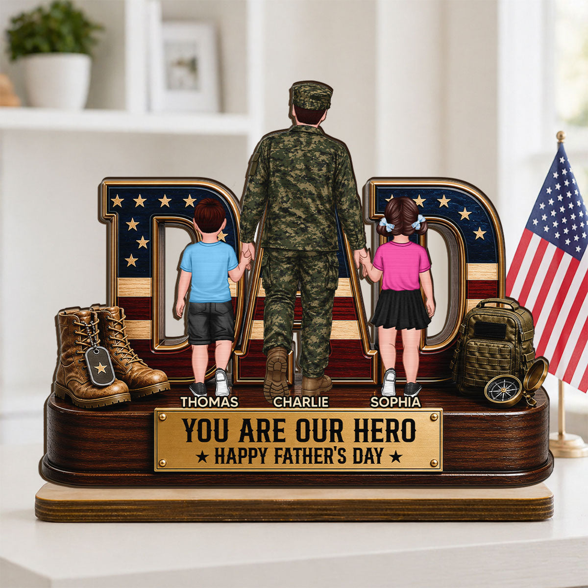 Nation Flag Military Dad You Are Our Hero - Personalized 2-Layered Wooden Plaque -  Gift For Dad, Husband