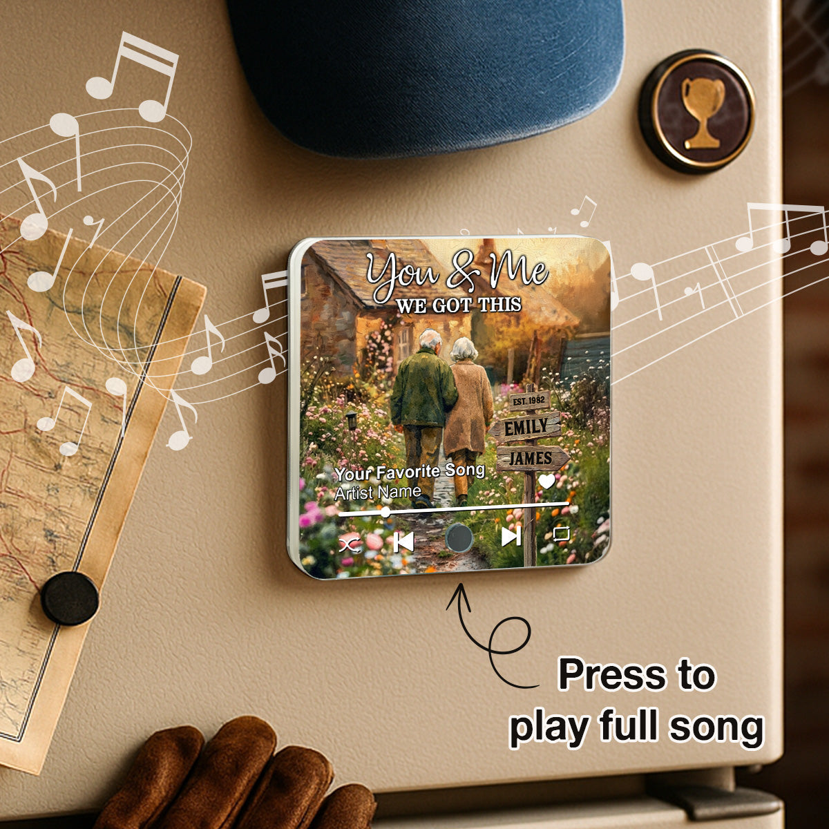 Old Couple Walking Down The Wildflower Road - Personalized Music Fridge Magnet - Anniversary, Valentine's Day Gift