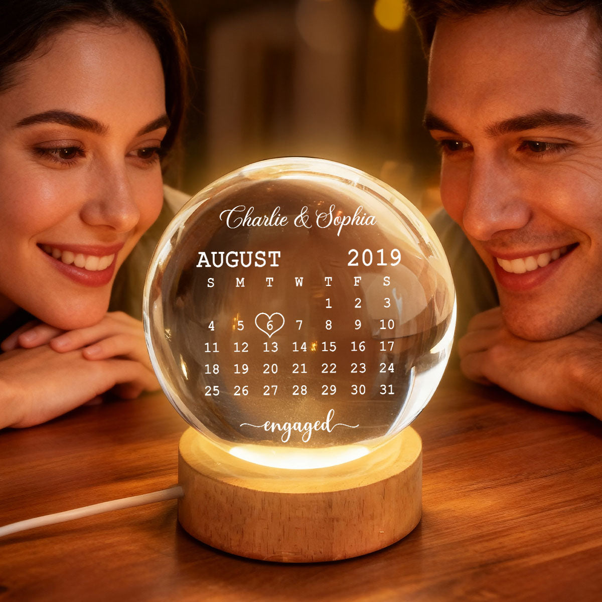 Calendar Engagement Couple - Personalized Crystal Ball LED Night Light - Anniversary, Valentine's Day Gift, Gift For Him, Gift For Her
