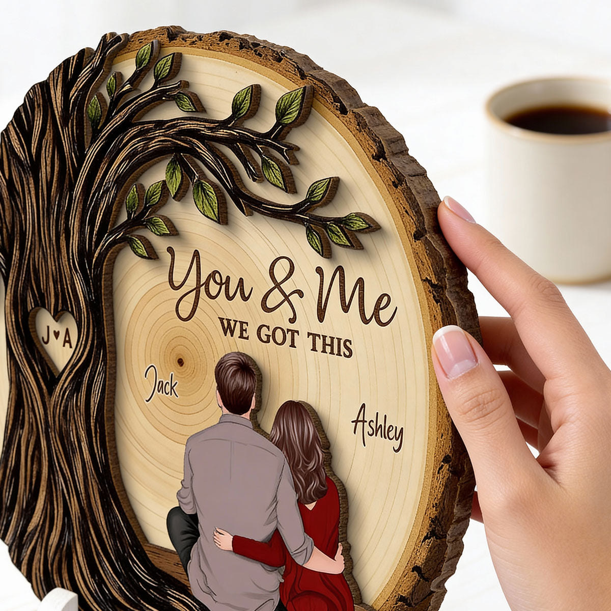 Couple Sitting Back View Under Heart Carved Tree - Personalized 2-Layered Wooden Plaque - Valentine's Day Gift For Couple