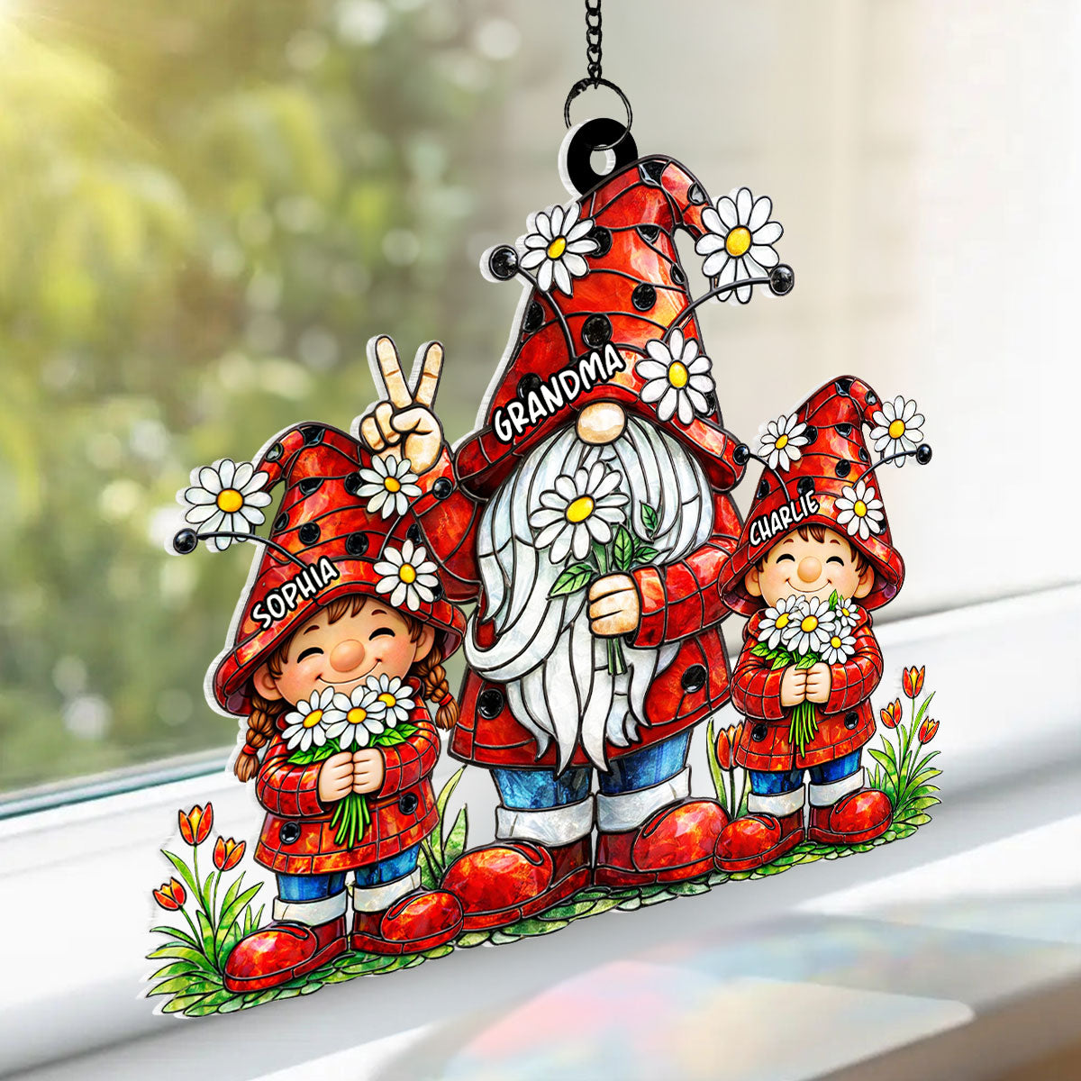 Grandma Grandkids Gnome Daisy Flowers - Personalized Suncatcher - Gift For Grandma