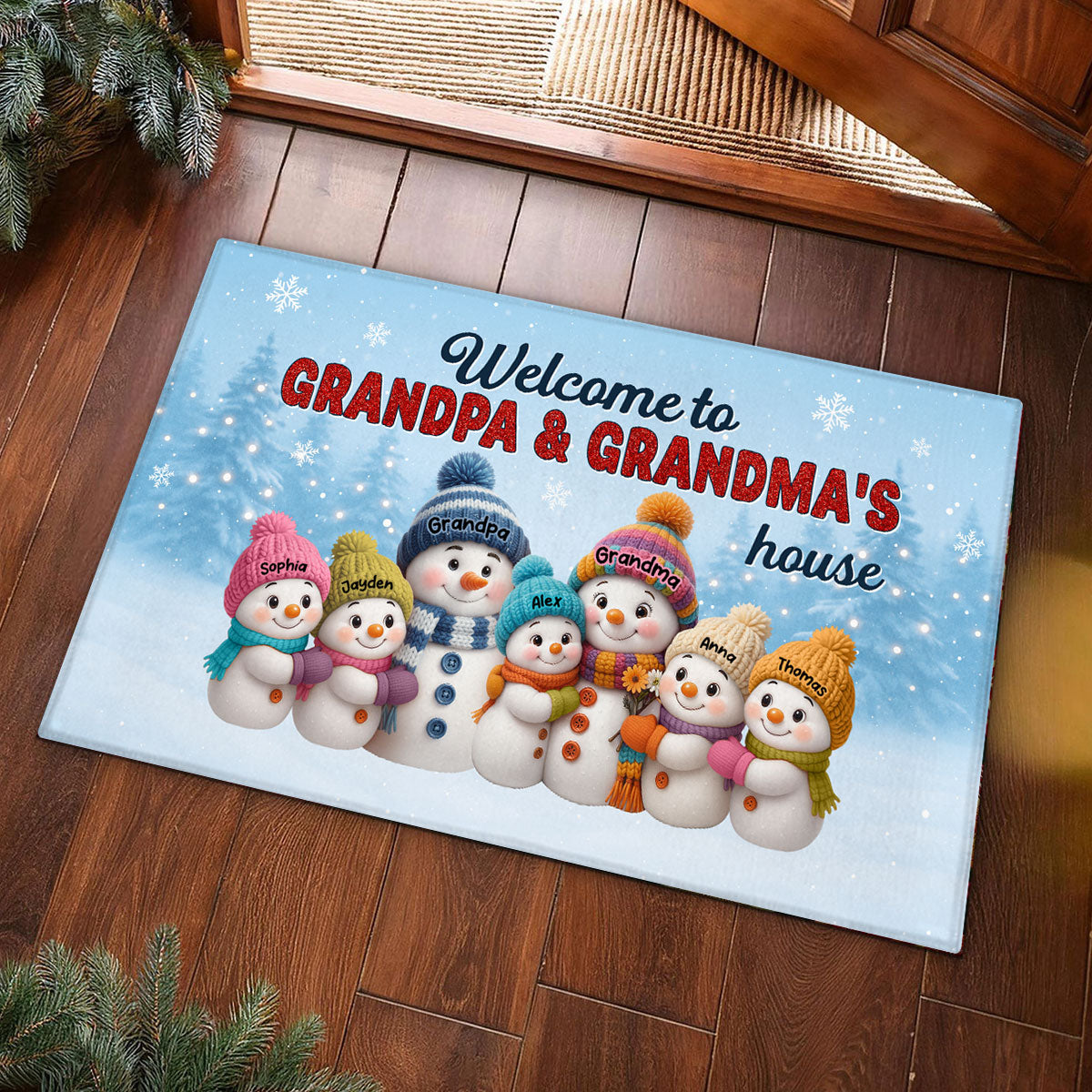 3D Effect Christmas Grandma Grandpa Grandkids Snowman Together - Personalized Doormat