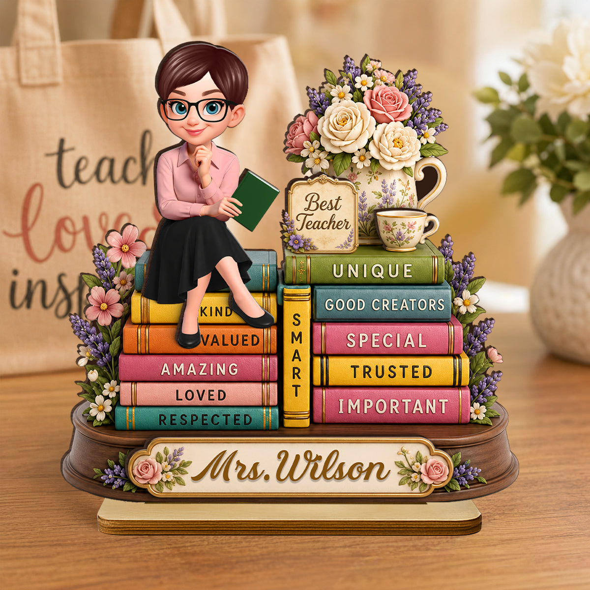 Floral Books Teacher - Personalized 2-Layered Wooden Plaque - Back To School Gift For Teachers Appreciation, Teacher Desk Name
