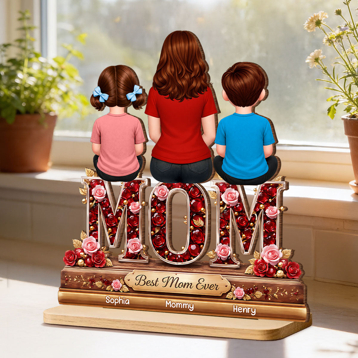 Best Mom Ever Mom Daughters Sons Back View - Personalized 2-Layered Wooden Plaque - Heartfelt Gift For Mom, Grandma