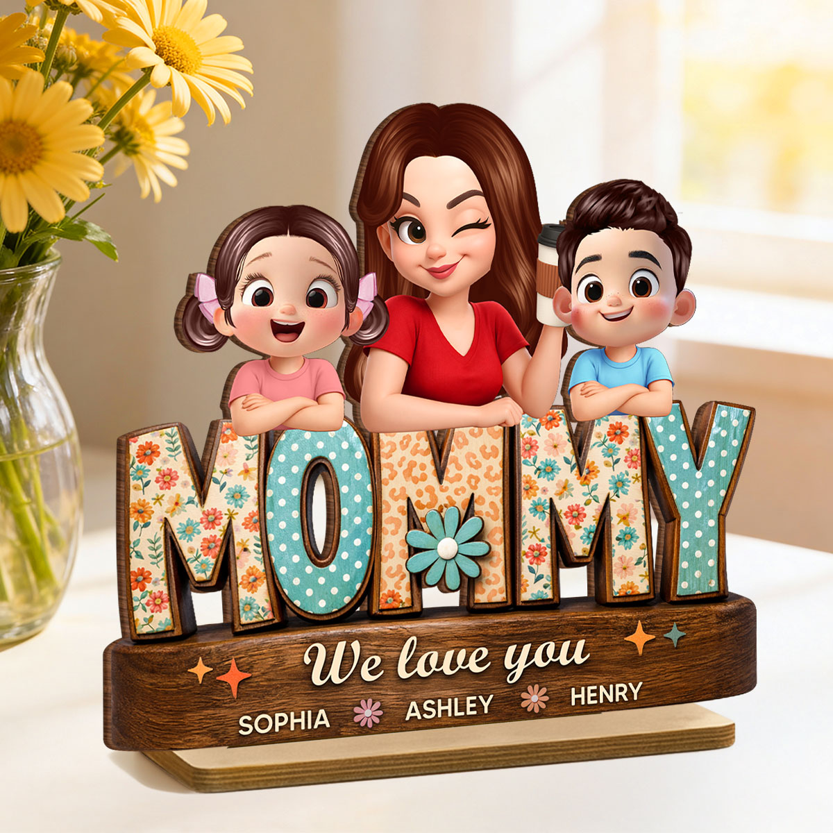 Mommy We Love You Preppy Pattern - Personalized 2-Layered Wooden Plaque - Heartfelt Mother's Day Gift for Mom, Wife, Farmhouse Decor