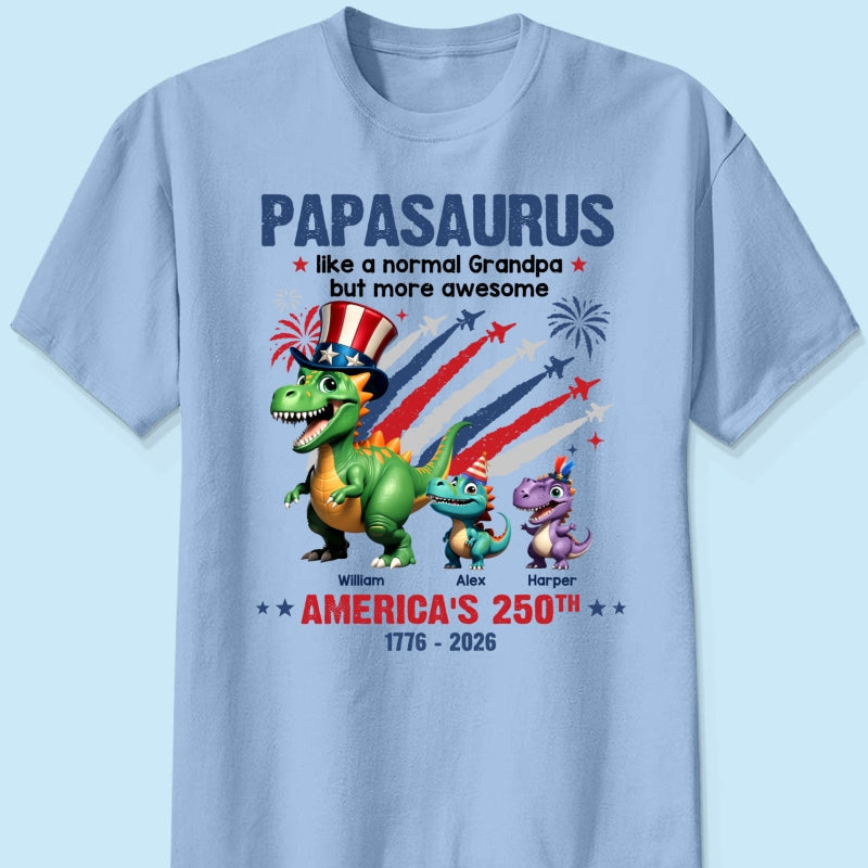 Grandpasaurus And Kids Patriotic Dinosaurs - Personalized Shirt - America's 250th Anniversary Keepsake