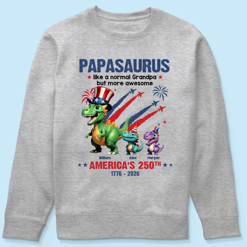 Grandpasaurus And Kids Patriotic Dinosaurs - Personalized Shirt - America's 250th Anniversary Keepsake