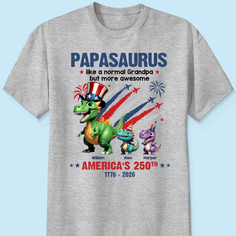 Grandpasaurus And Kids Patriotic Dinosaurs - Personalized Shirt - America's 250th Anniversary Keepsake