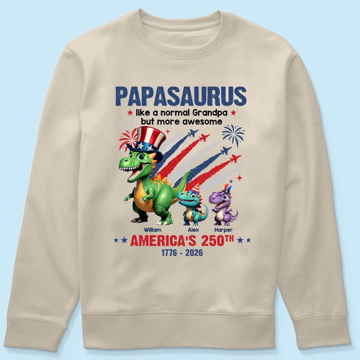 Grandpasaurus And Kids Patriotic Dinosaurs - Personalized Shirt - America's 250th Anniversary Keepsake
