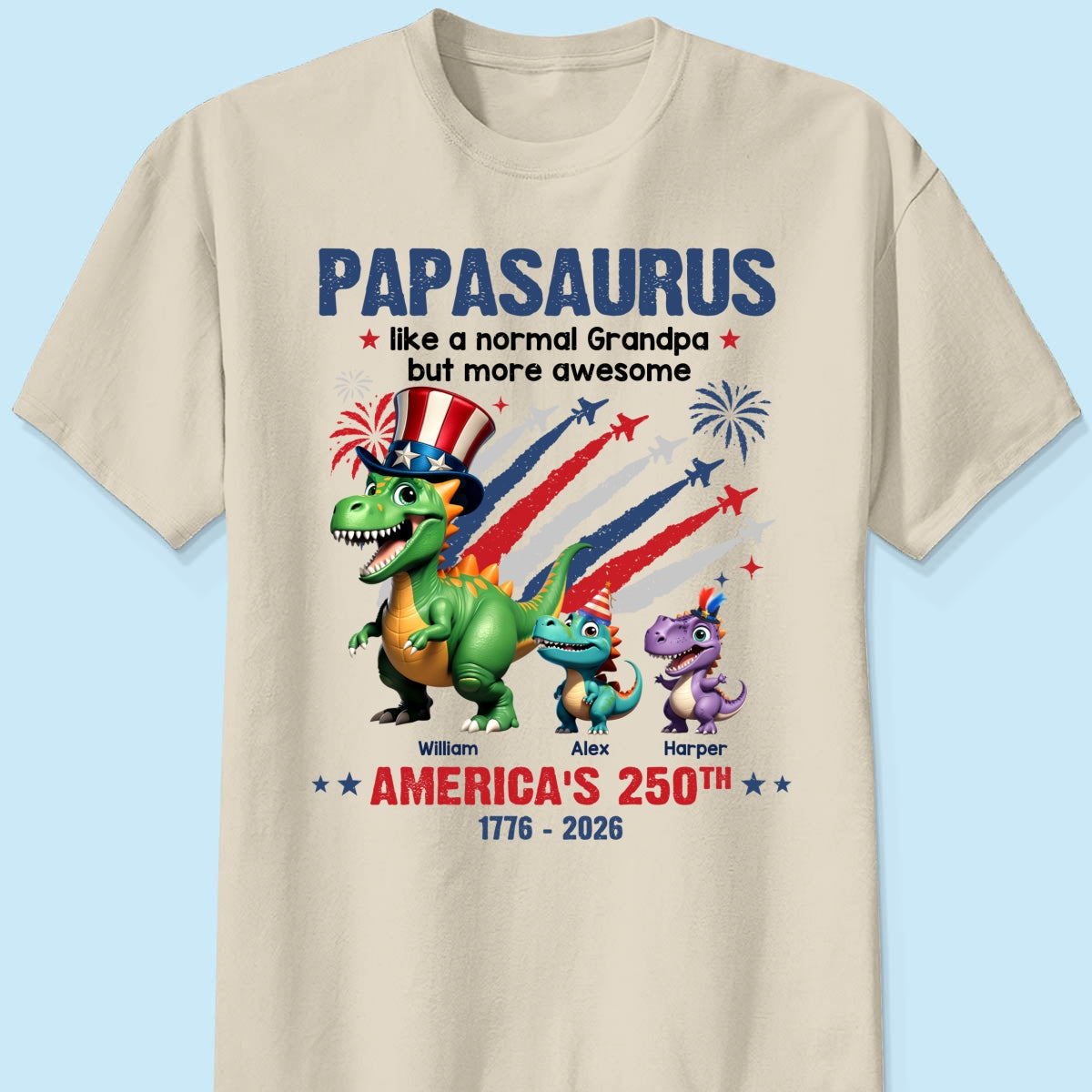 Grandpasaurus And Kids Patriotic Dinosaurs - Personalized Shirt - America's 250th Anniversary Keepsake
