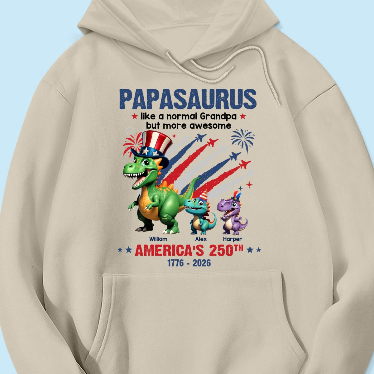 Grandpasaurus And Kids Patriotic Dinosaurs - Personalized Shirt - America's 250th Anniversary Keepsake