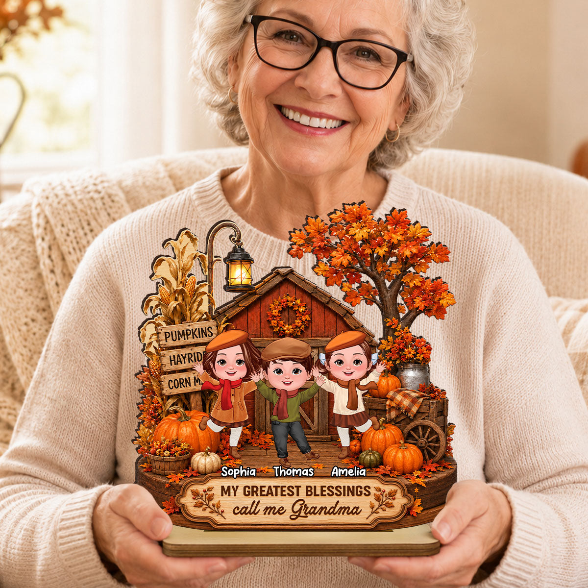 Grandma Grandkids Greatest Blessings - Personalized 2-Layered Wooden Plaque - Fall Season Decor Gift, Gift For Grandma